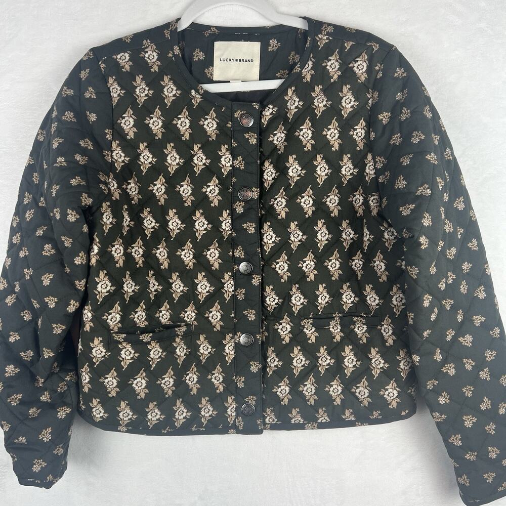 Lucky Brand Quilted Floral Jacket Women S Green Cream Cottagecore Boho Fall